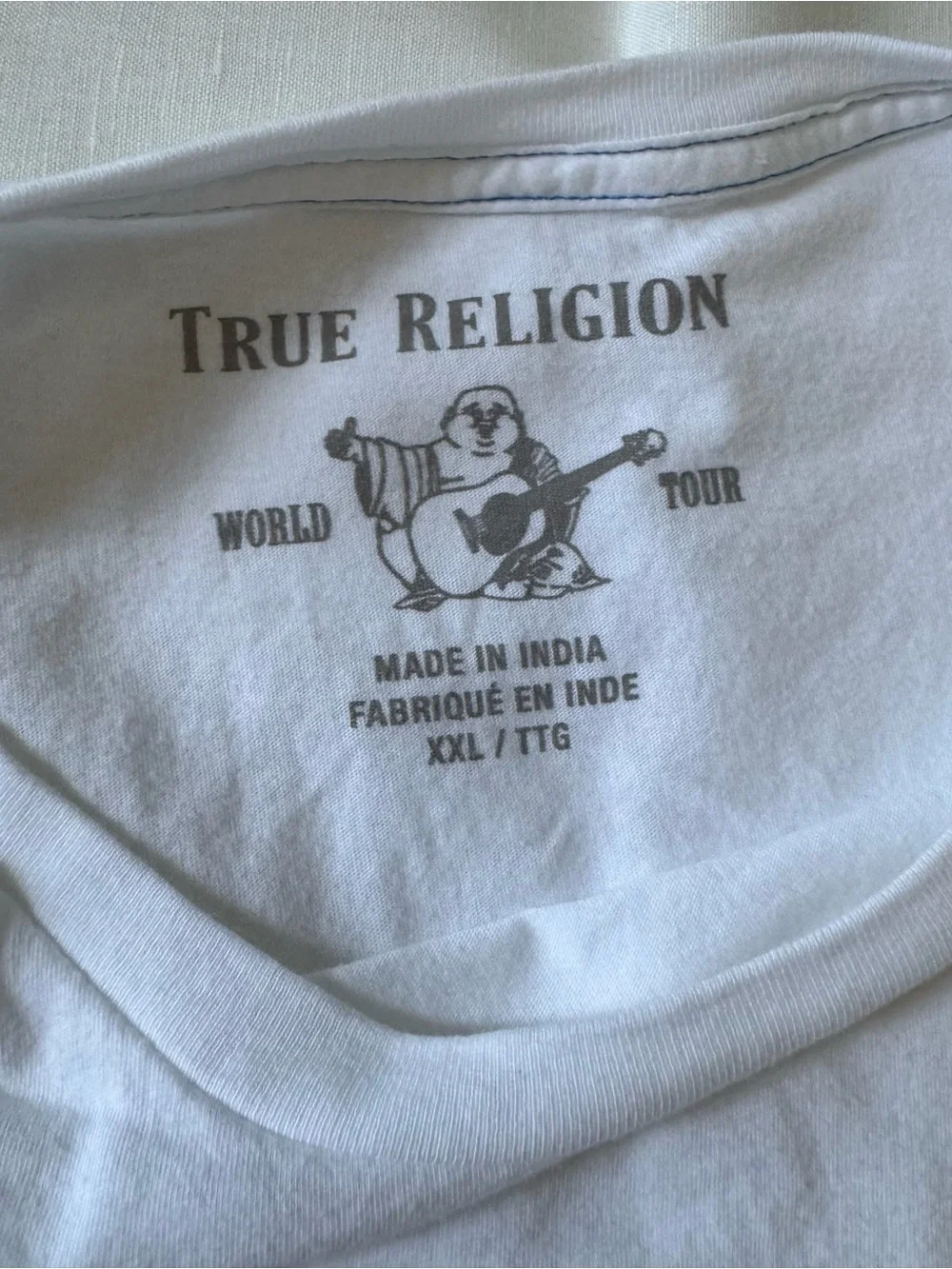 True Religion White T‑Shirt with Blue Velvet Drip Horseshoe Logo